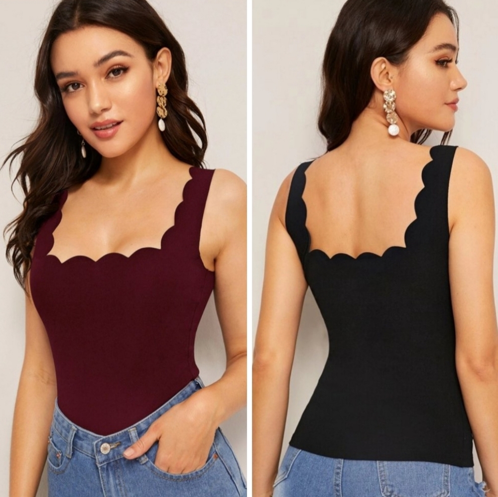 TWO Scallop Trimmed Tank-Tops Burgundy and Black
